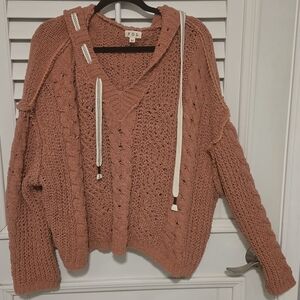 POL Women's V-Neck Hooded Sweater - Terracotta